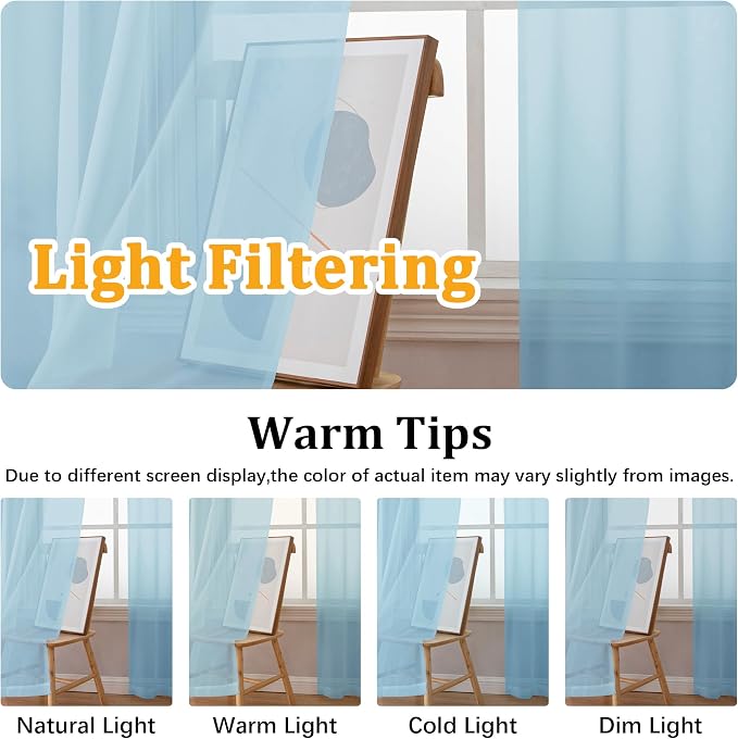 Gwine Sky Blue Sheer Kitchen Curtains 36 Inch Length, Light Filtering Voile - Image 5