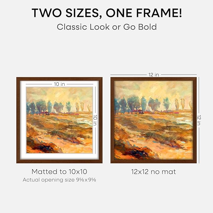 Homeforia 12x12 Frame Brown Wood, High End Dark Oak 12 x 12 Square Picture Frame with Mat 10 x 10 for Photo, 12by12 Wooden Walnut Poster Frame Matted to 10x10 Print, Tempered Glass, Wall Kit, Set of 1