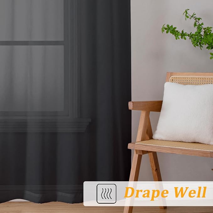 Gwine Black Sheer Curtains 96 Inches Long 2 Panels, Elegant Window Treatments - Image 6