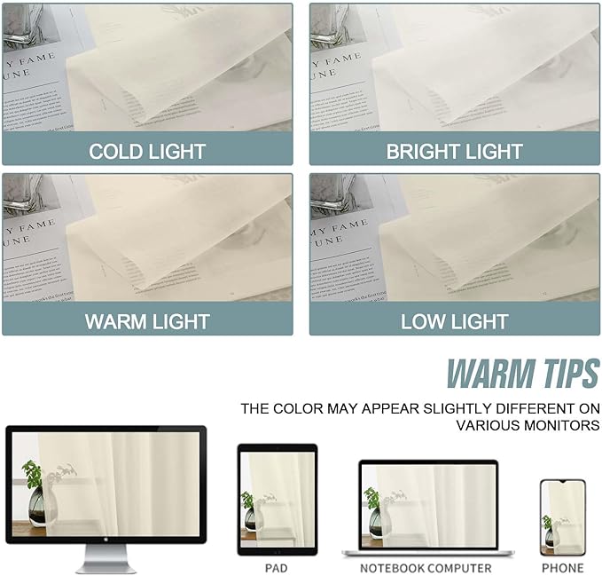 Cream Sheer Curtains 84 Inches Long 2 Panels, Elegant Airy Transparent Light - Image 6