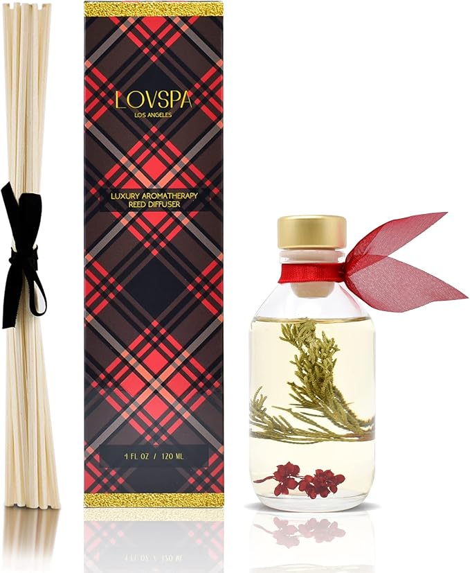 LOVSPA Reed Diffuser Set, Joy Winterberry Spruce Scented Oil Diffuser with Sticks, Home Fragrance Accessories for Bathroom Shelf Decor, Aroma Diffusers for Home or Office Desk, USA Made