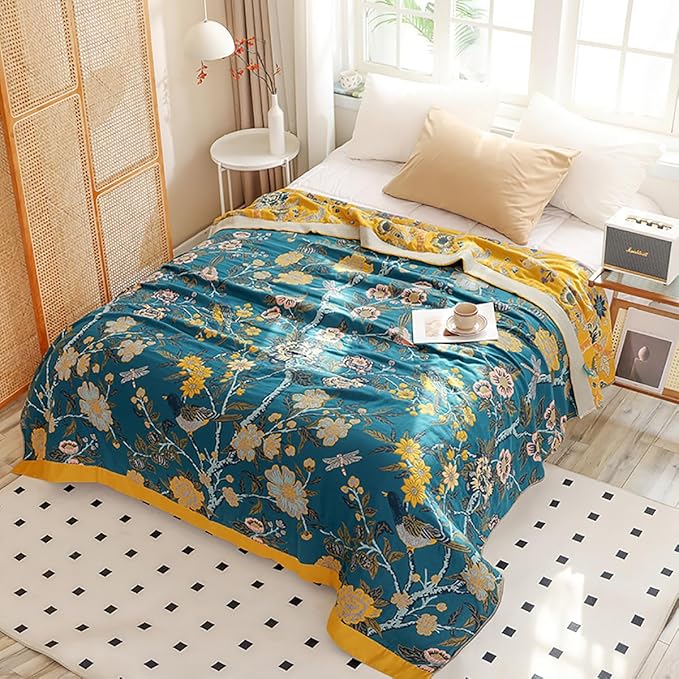 Boho Muslin Blanket for Adults 4-Layer Gauze 80 x 90 Inches Soft Cozy 100% Cotton Summer Cooling Blanket Floral Decor for Sofa Bed Coverlet Both Sides (Flowr Branch Teal, 80 x 90 in)