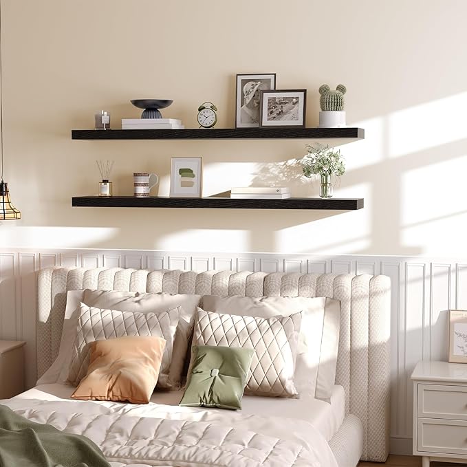 HOOBRO Floating Shelves for Wall, Wall Mounted Shelf Set of 2, 55" Hanging Shelf with Invisible Brackets, for Wall in Bathroom, Bedroom, Toilet, Kitchen, Living Room, Office, Black BK140BJP201