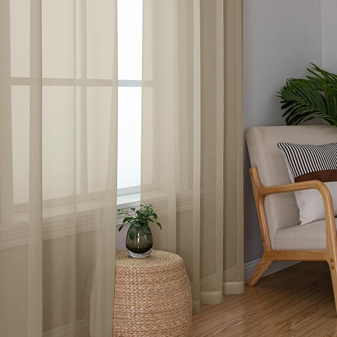 Taupe Sheer Curtains 90 Inches Long 2 Panels, Elegant Light Filtering Voile - Image 4