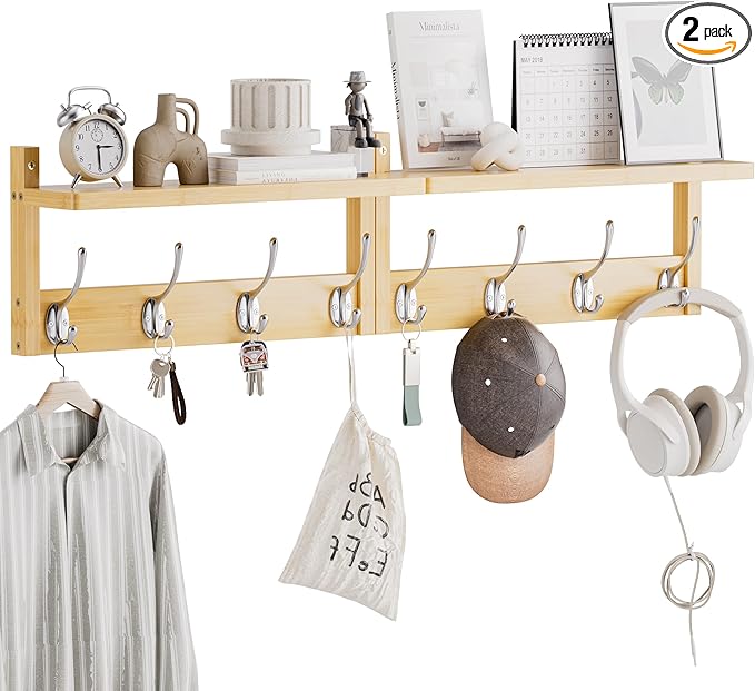 Coat Rack with Shelf, 2 Pack Bamboo Wall-Mounted Coat Hanger with 8 Hooks for Entryway, Hallway, Kitchen, Bathroom, Living Room, Utility Room (Natural)