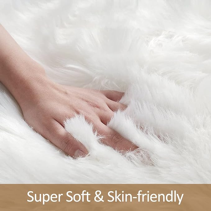Fluffy White Faux Fur Rug Runner 2x6 ft, Soft Faux Sheepskin Rug White Furry - Image 4