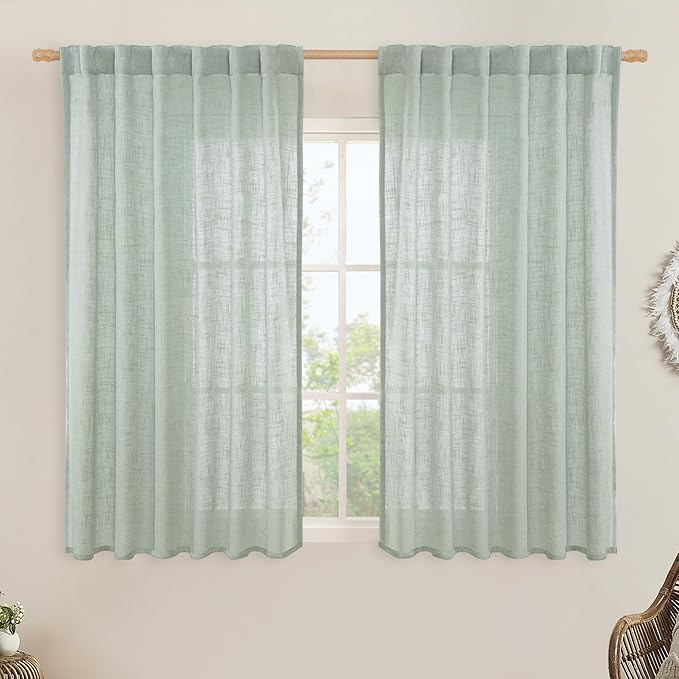 Semi Sheer Linen Curtains 54 Inch Length 2 Panels, 52 x 54 Inch | Light Sage by LAMIT