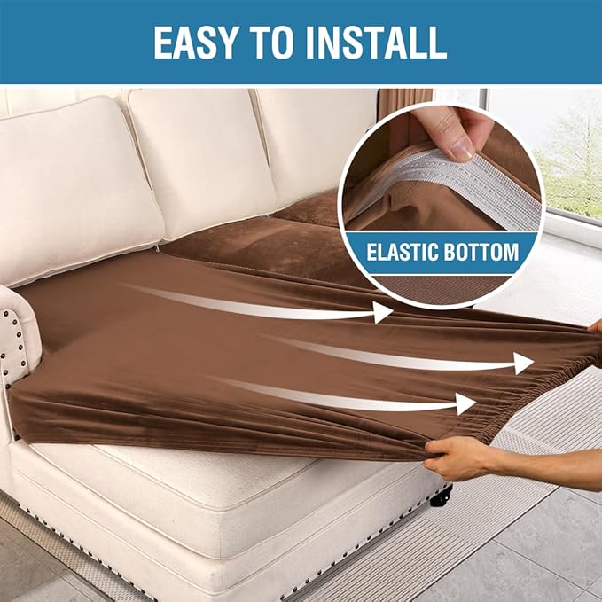 H.VERSAILTEX Velvet Stretch Sectional Couch Covers 4 Pieces Sofa Seat Cushion Covers L Shape Separate Cushion Couch Chaise Cover for Both Left/Right Couch (Large Sofa 3 Seater + 1 Chaise, Caramel)