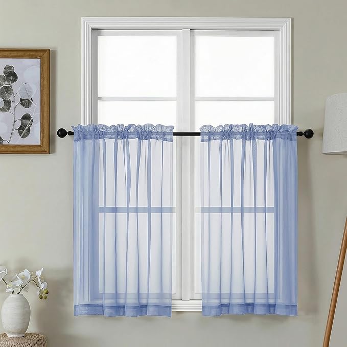 Gwine Denim Blue Sheer Kitchen Curtains 36 Inch Length by Gwine