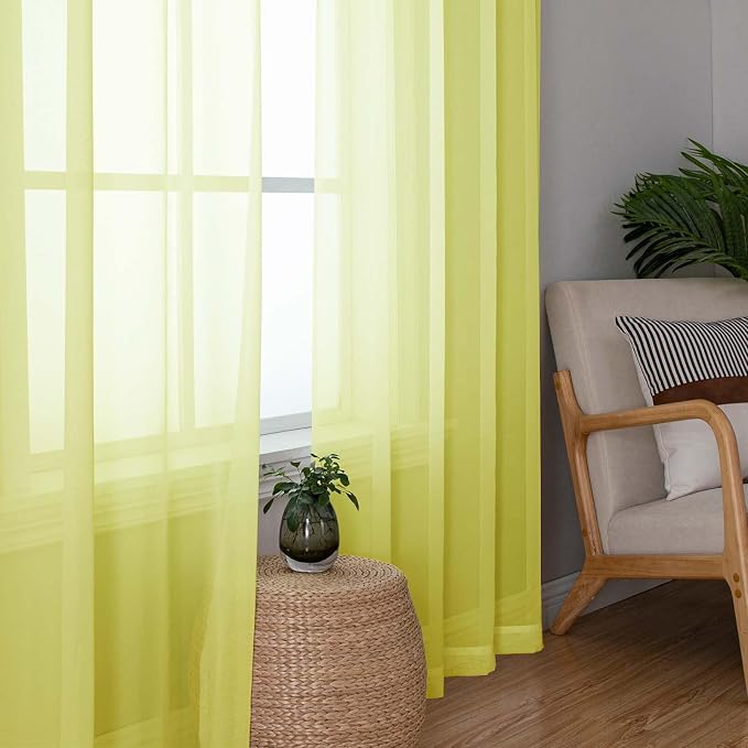 Lemon Sheer Curtains for Living Room 54 Inch Length 2 Pcs, Solid Color Voile - Image 2