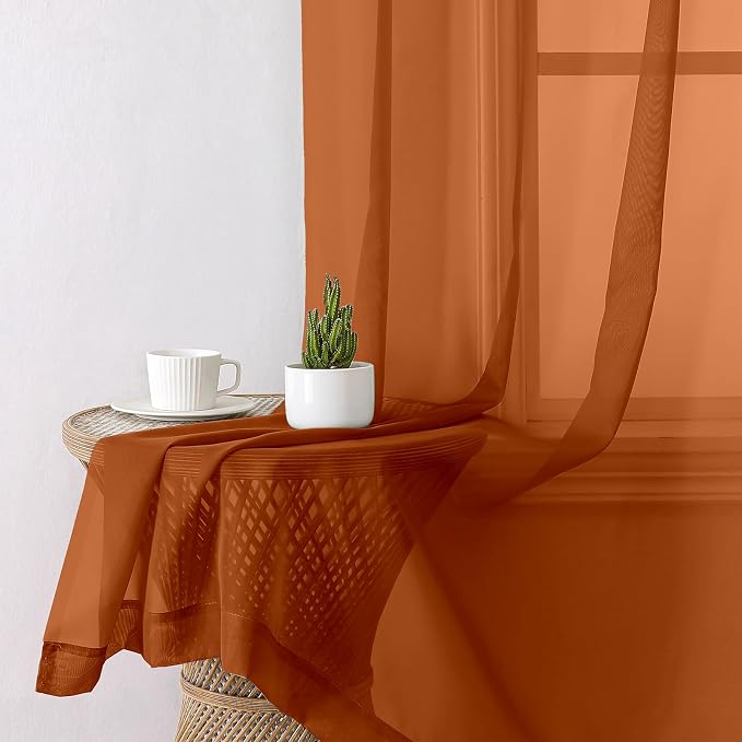 Orange Sheer Curtains 84 Inches Long 2 Panels Set, Rod Pocket Transparent - Image 7