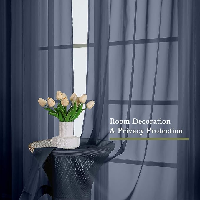 Navy Blue Sheer Curtains 120 Inches Long 2 Pcs, Solid Voile Light Filtering Rod - Image 4