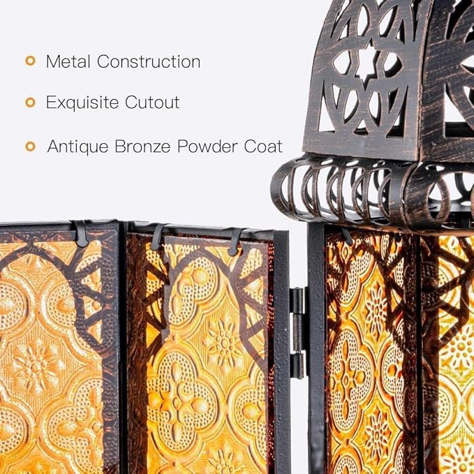 NEEDOMO Set of 2 Hanging Moroccan Lantern, 12.8'' Vintage Candle Holder, Metal Lanterns Decorative Indoor Outdoor, Table, Patio, Porch, Shelf, Ramadan Decorations (Amber)