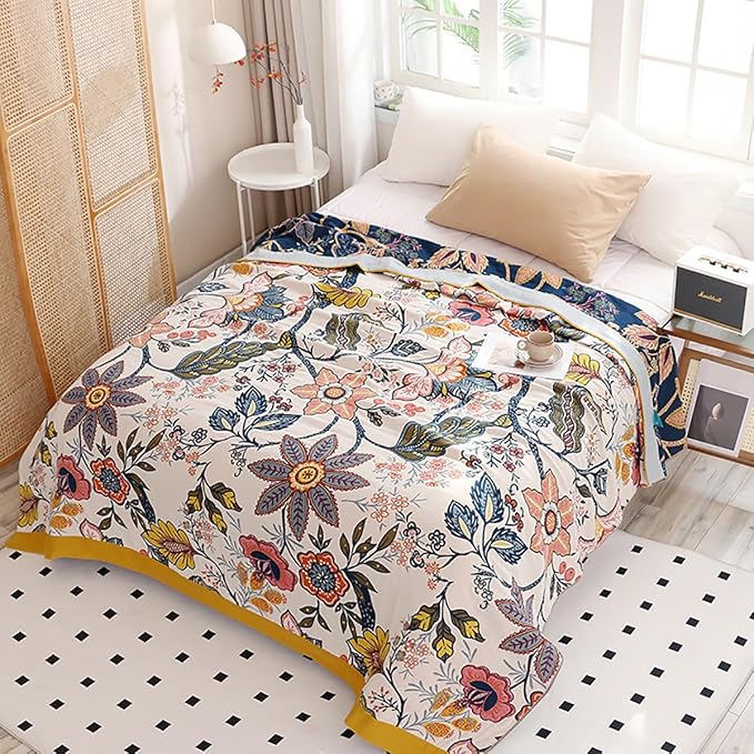 Boho Muslin Blanket for Adults 4-Layer Gauze Twin Size Soft Cozy 100% Cotton Summer Cooling Blanket Floral Decor for Sofa Bed Coverlet Both Sides (Boho Floral, Twin 60 x 80 in)