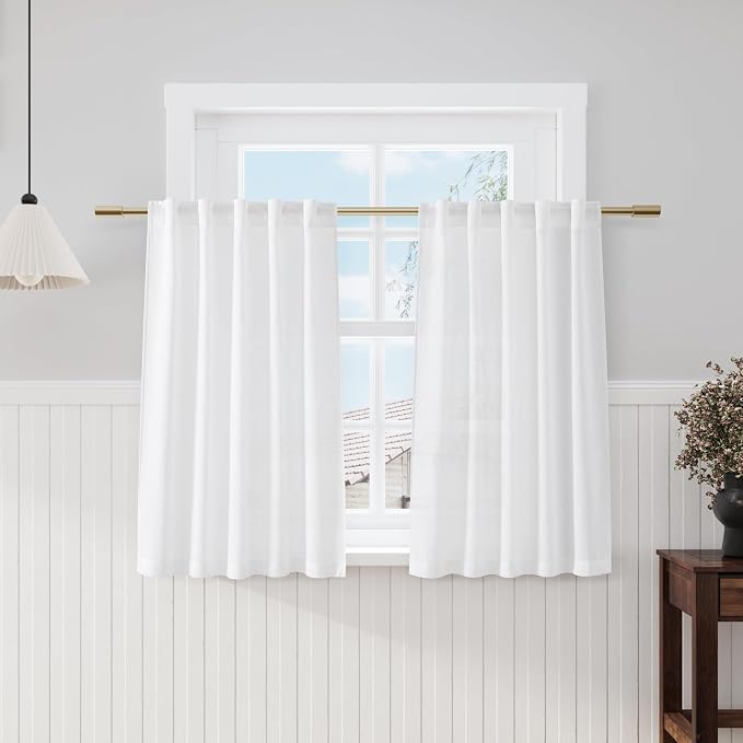 Nanspring White Linen Semi Sheer Cafe Curtains 36 Inch Length 2 Panel Set Back by Nanspring