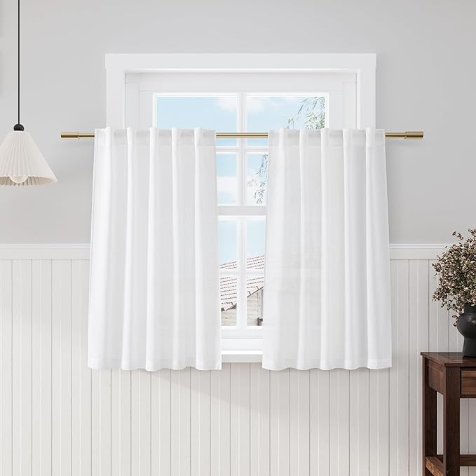 Nanspring Farmhouse Rustic White Linen Curtains 45 Inch Length Semi-Sheer Back by Nanspring