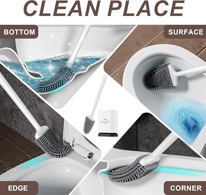 Sellemer Toilet Brush and Holder Set - Flexible Toilet Bowl Brush Head with Silicone Bristles, Compact Size for Storage and Organization, Ventilation Slots Base (1 Pack, White)