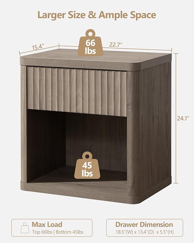 SICOTAS Night Stand Nightstand with Drawer Storage Fluted Bed Side Table End Table Large Modern Wide Bedside Stand Mid Century Night Stands for Bedroom Living Room Sofa Couch Home Office, Grey Alder