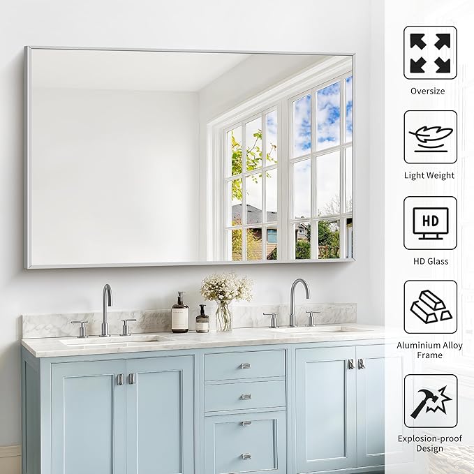 40x60inch Silver Bathroom Mirror, Silver Rectangle Mirror with Frame, Large Rectangular Wall Mirrors for Bathroom, Living Room, Hair Salon, Big Farmhouse Mirror Hang Horizontal/Vertical