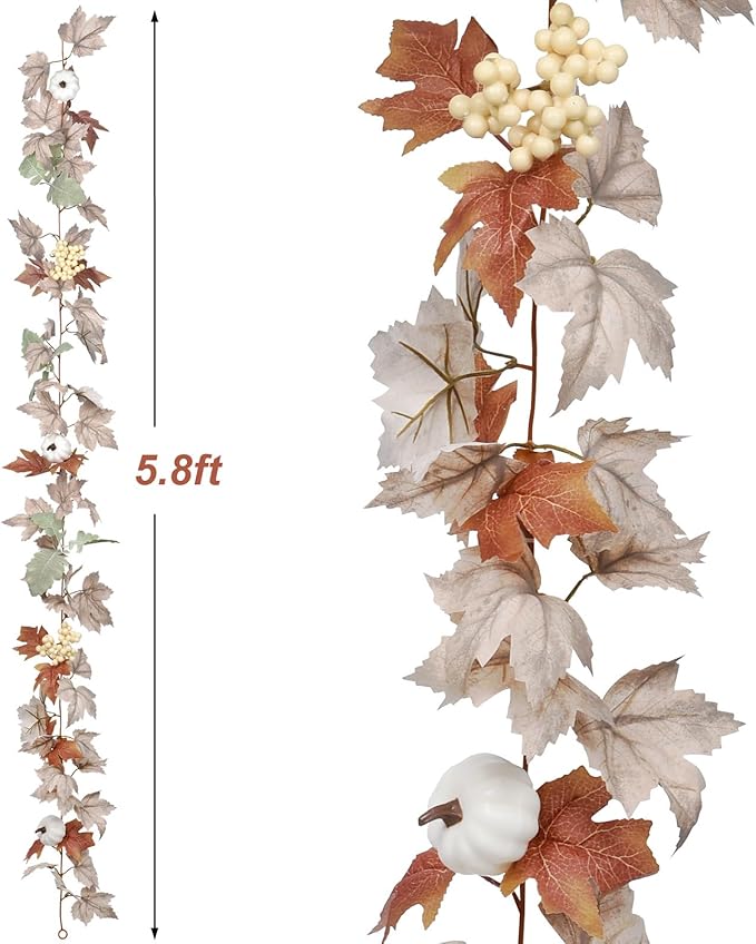 Lvydec Fall Maple Leaves Garland Decoration - 5.8ft Artificial Fall Foliage Garland with White Pumpkins Autumn Decor for Halloween Thanksgiving Home Table Decor (White)