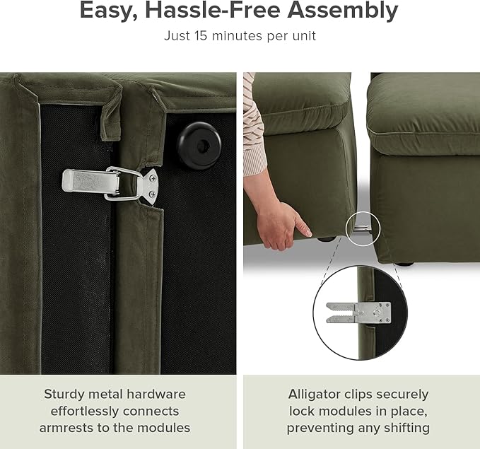 mopio Oversized Modular Sectional Sofa with Fully Removable Covers and Storage, Convertible U, L-Shaped and Sleeper Sectional, Modern Couches with Ottoman Chaise (Olive Green Velvet, 3 Seater)