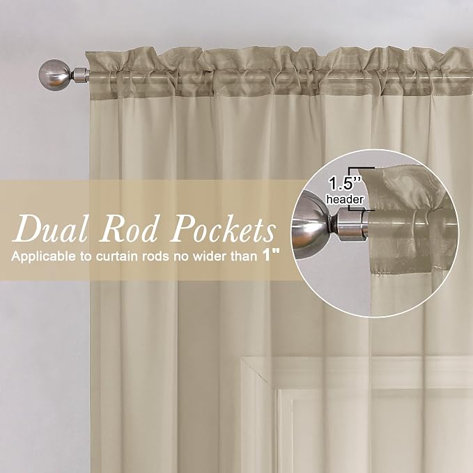 Taupe Sheer Curtains 108 Inches Long 2 Panels, Dual Rod Pocket Light Filtering - Image 6