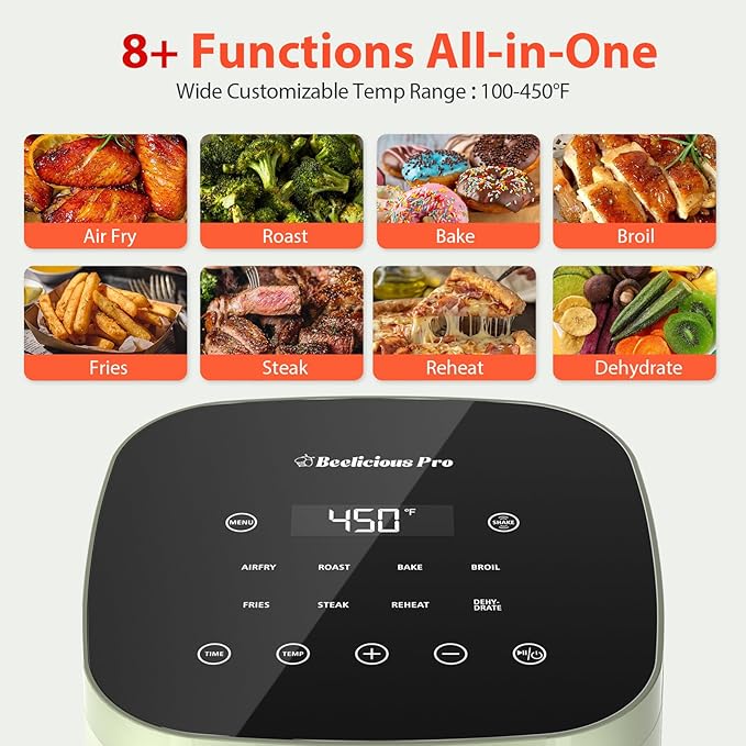Air Fryer, Beelicious 8-in-1 Smart Compact 4QT Air Fryers, Shake Reminder,450°F Digital Airfryer with Flavor-Lock Tech,Tempered Glass Display, Dishwasher-Safe & Nonstick, Fit for 1-3 People, Avo Green