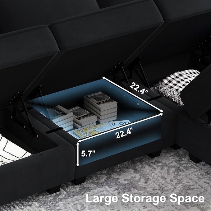Belffin Modular Sectional Sofa with Double Chaise Velvet U Shaped Sofa Reversible Sectional Couch with Storage Black