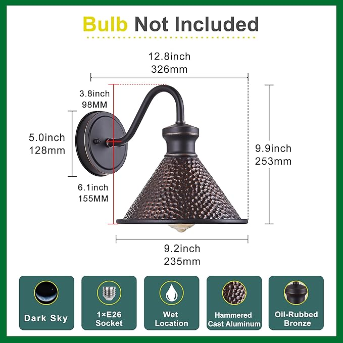 Gooseneck Outdoor Wall Light Fixtures, 2-Pack Farmhouse Barn Lights for Porch, Industrial Oil-Rubbed Bronze Exterior Wall Sconce for Garage, Patio, E26 Base Anti-Rust, Bulb not Included