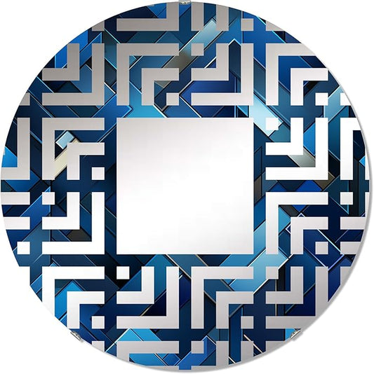 Symmetric Cubes in Deep Cobalt Blue - Geometric Maze - 32 Inches - Round Decorative Wall Mirror for Bathroom, Bedroom, Entryway, Living Room, Vanity Room and Modern Décor