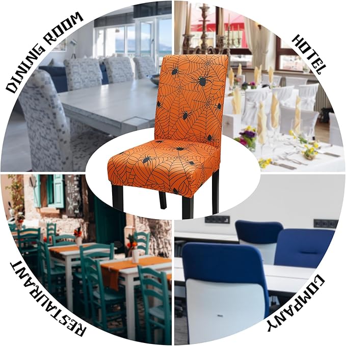 JQinHome Halloween Orange Dining Chair Slipcover, Spider Web Chair Covers Set of 6 ，High Stretch Washable Chair Protector Cover for Dining Room, Kitchen,Home Party,Wedding Ceremony(Orange, 6PC)
