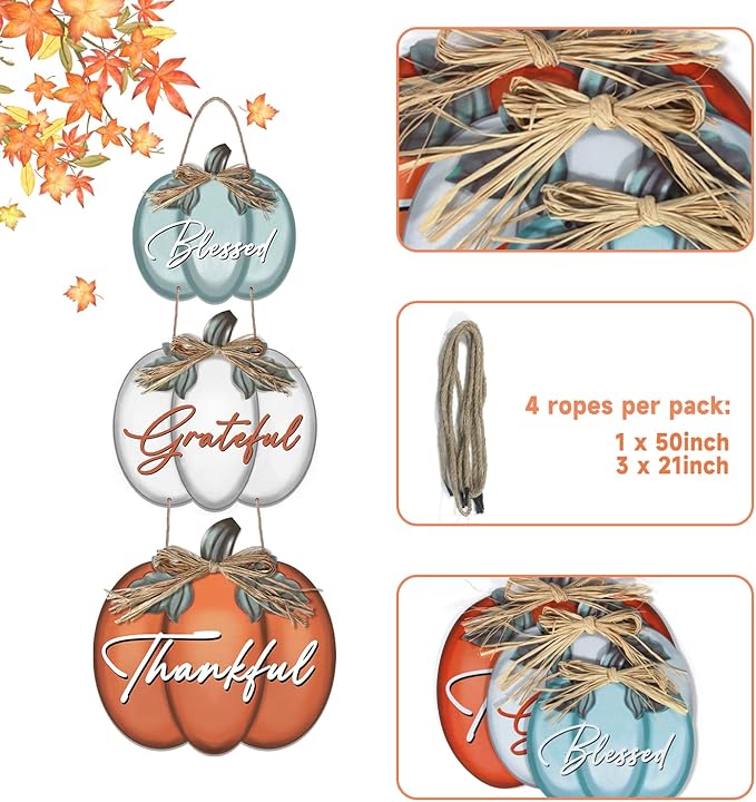3 Pieces Pumpkin Decor Grateful Thankful Blessed Wall Signs,Rustic Hanging Welcome Door Sign for Autumn Harvest Thanksgiving Halloween Door Wall Decoration Indoor Outdoor Fall Decor for Home