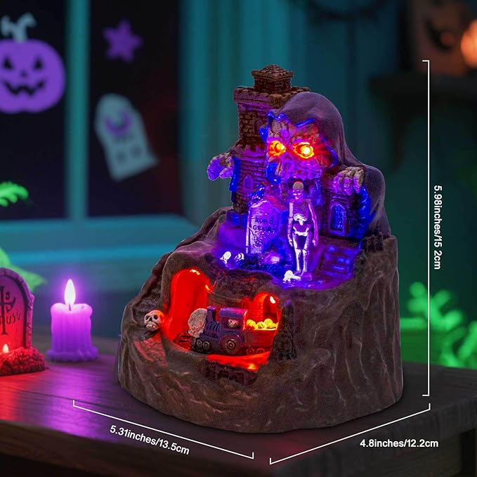 innodept12 Animated Halloween Small Village House - Moving Train and Skull Ghosts Tombstones Figurines with Pre-Lit Spooky Voice, Battery Operated, Not Including