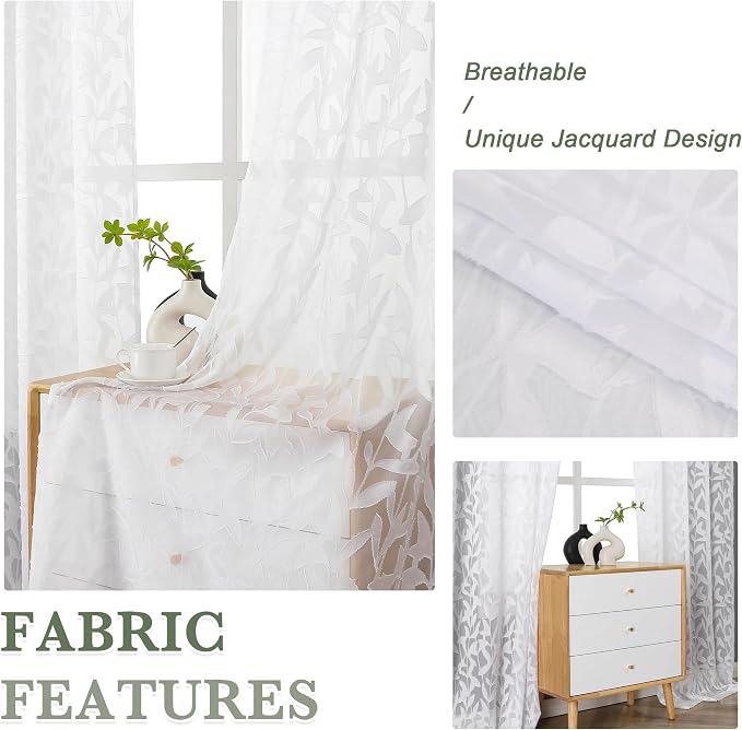 Lecloud Leia White Sheer Curtains 96 Inches Long 2 Panels, Airy Voile Jacquard - Image 7