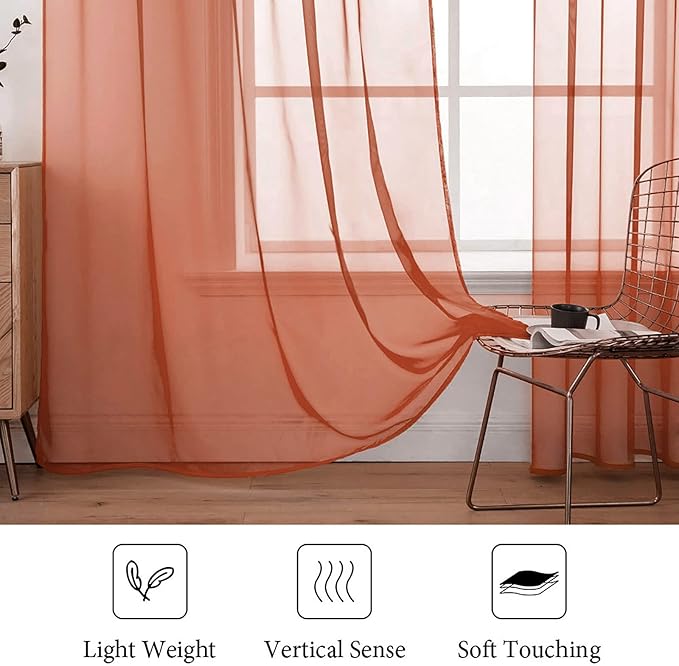 MIULEE Fall Burnt Orange Sheer Curtains 54 X 90 Inches, 2 Panels | Solid Color - Image 4