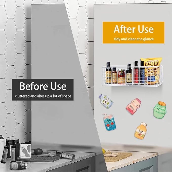 Magnetic Stotage Basket, Magnetic Shelf for Fridge, Magnetic Spice Rack Wire Mesh Magnetic Organizer Holder Accessories for Office Kitchen Classroom Storage,White, 9.44" x 4" x 3.14"