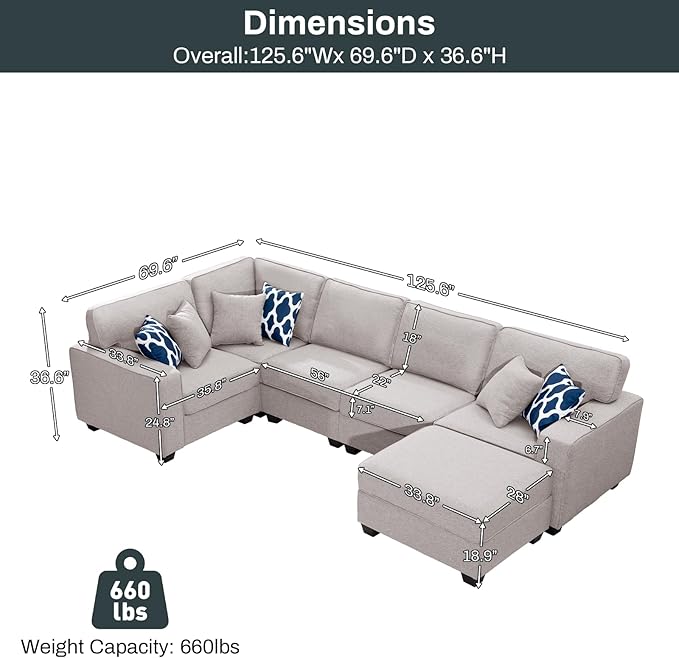 L Lengend Vansen Modular Sectional Sofa U Shaped Couch with Ottoman Modern Reversible Corner Sectional Couch for Living Room (Light Grey, U Shaped Sofa-1)