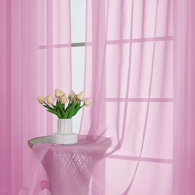 Chyhomenyc Pink Sheer Curtains 63 Inches Long 2 Panels, Light Filtering Bright - Image 2
