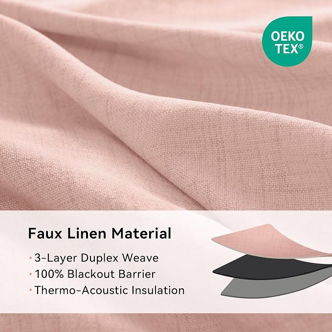 100% Blackout Linen Textured Curtains 84 Inch Long, Blush Pink | 100% Blackout - Image 4