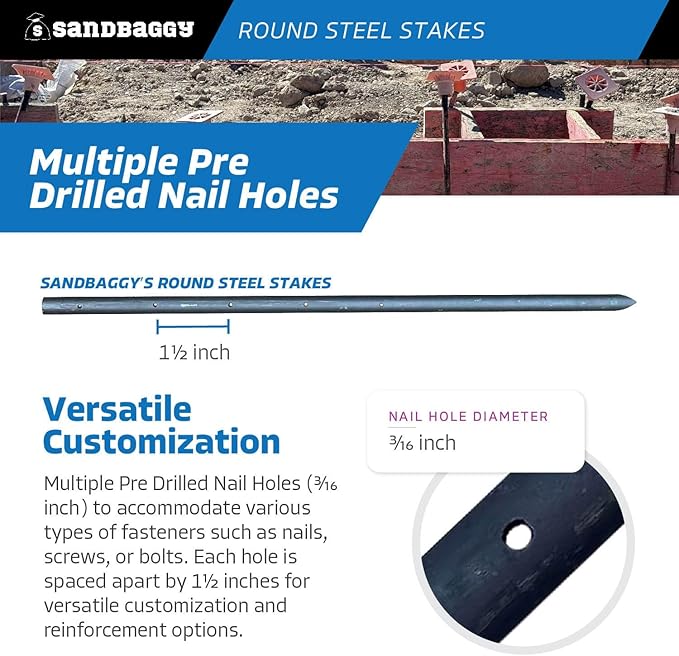 Sandbaggy Round Steel Concrete Form Stakes with Nail Holes - Rust Resistant Coating - Removable, Reusable (200, 3/4 in X 24 in)