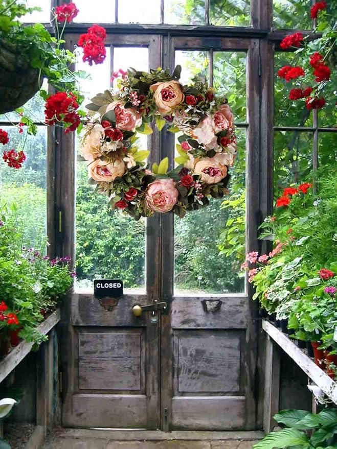 Peony Spring Wreath for Front Door, Handmade Pink Floral Wreath Artificial Spring Garland Wreath for Front Door Wall Wedding Party Home Deco