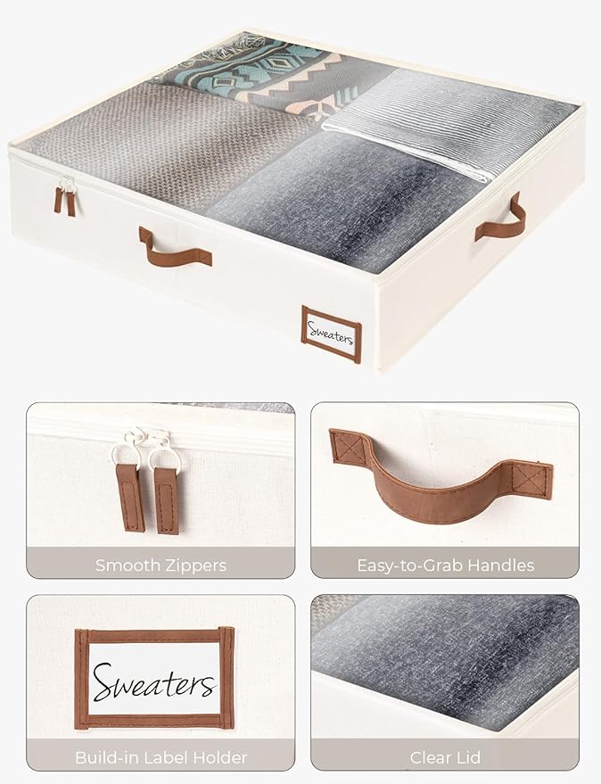 StorageWorks Underbed Storage Box, Under Bed Clothes Organizer With Sturdy Structure and Ultra Thick Fabric, Beige, 30" L x 28" W x 6" H, 2 pack