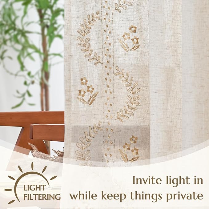 jinchan Belrose Linen Curtains for Bedroom Floral Curtains 72 Inch Length Linen - Image 5