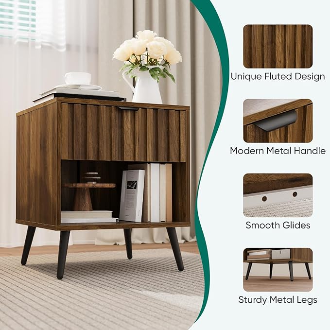 Smuxee Walnut Wooden Night Stand, Mid Century Nightstand with Fluted Drawer, Bedside Table with Open Shelf, Modern End Side Table for Bedroom