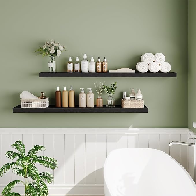 HOOBRO Floating Shelves for Wall, Wall Mounted Shelf Set of 2, 55" Hanging Shelf with Invisible Brackets, for Wall in Bathroom, Bedroom, Toilet, Kitchen, Living Room, Office, Black BK140BJP201