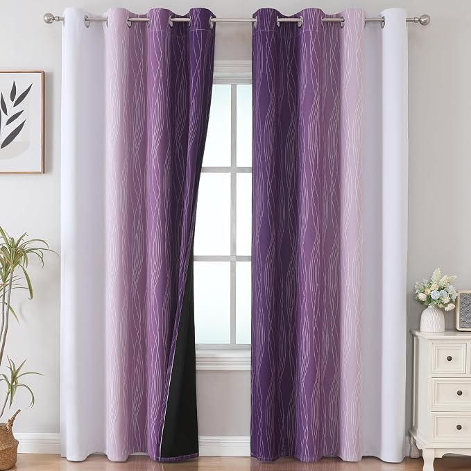 Estelar Textiler Purple and Grayish White Blackout Curtains 108 Inches Long - Image 2