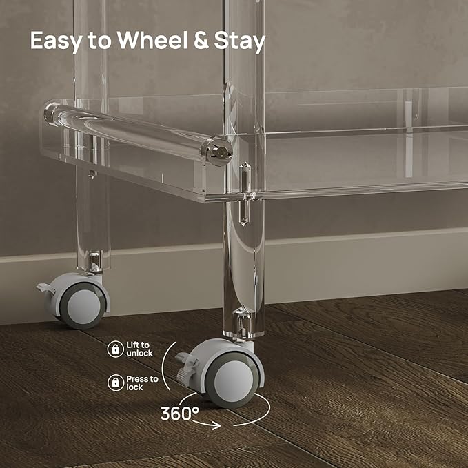 HMYHUM Acrylic Bar Cart, Rolling Serving Cart with 4 Lockable Wheels for The Home Bar, Kitchen, Living Room, Modern, 2-Tier, 23.6" L x 15" W x 30" H, Clear