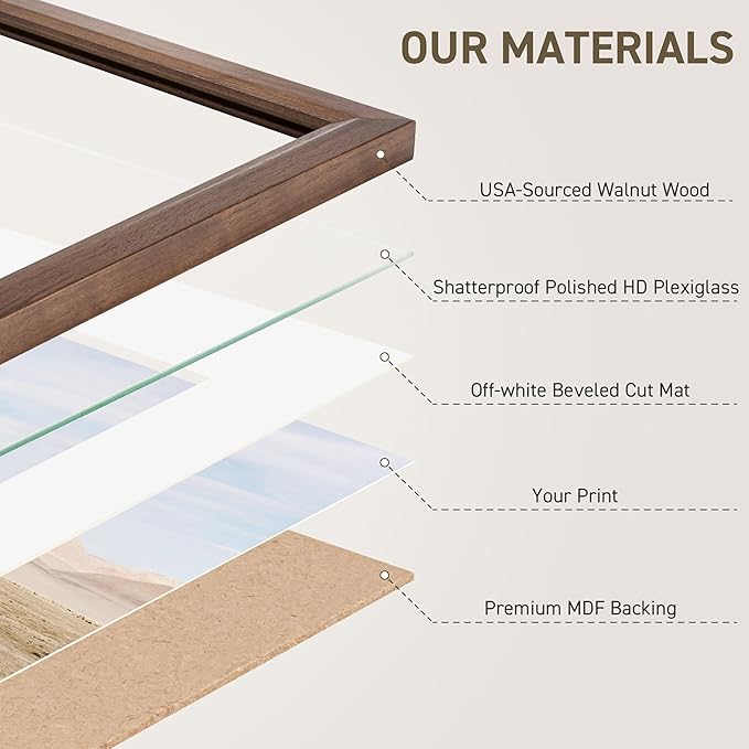 11x14 Picture Frame Set of 4 Natural Solid Walnut Photo Frames with 8x10 Removable Mat Wall Hanging Large Handcrafted Frame with HD Plexiglass Wall and Tabletop Display Large Poster Frame