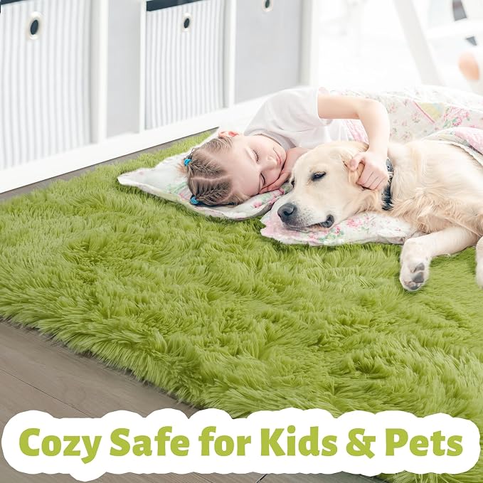 Amdrebio Grass Green Big Shaggy Kids Area Rug 6x9 - Image 2