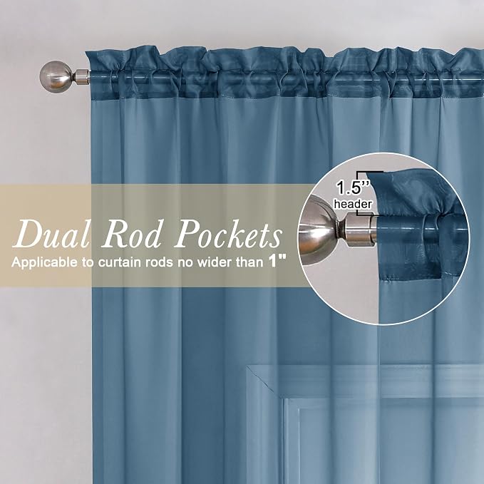 Dusty Blue Sheer Curtains 72 Inches Long 2 Panels, Light Filtering Voile - Image 2